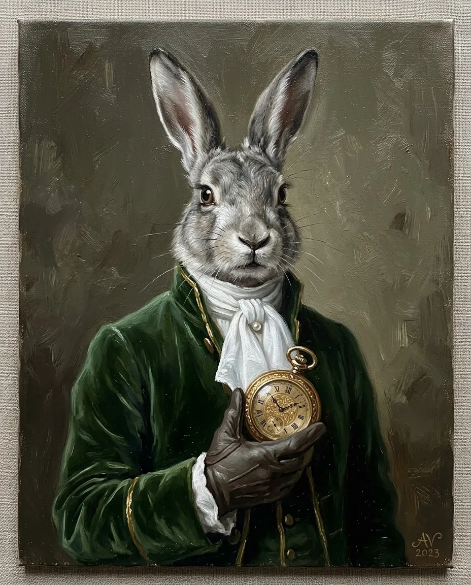 Oil portrait of a grey hare in a green velvet coat holding a gold pocket watch