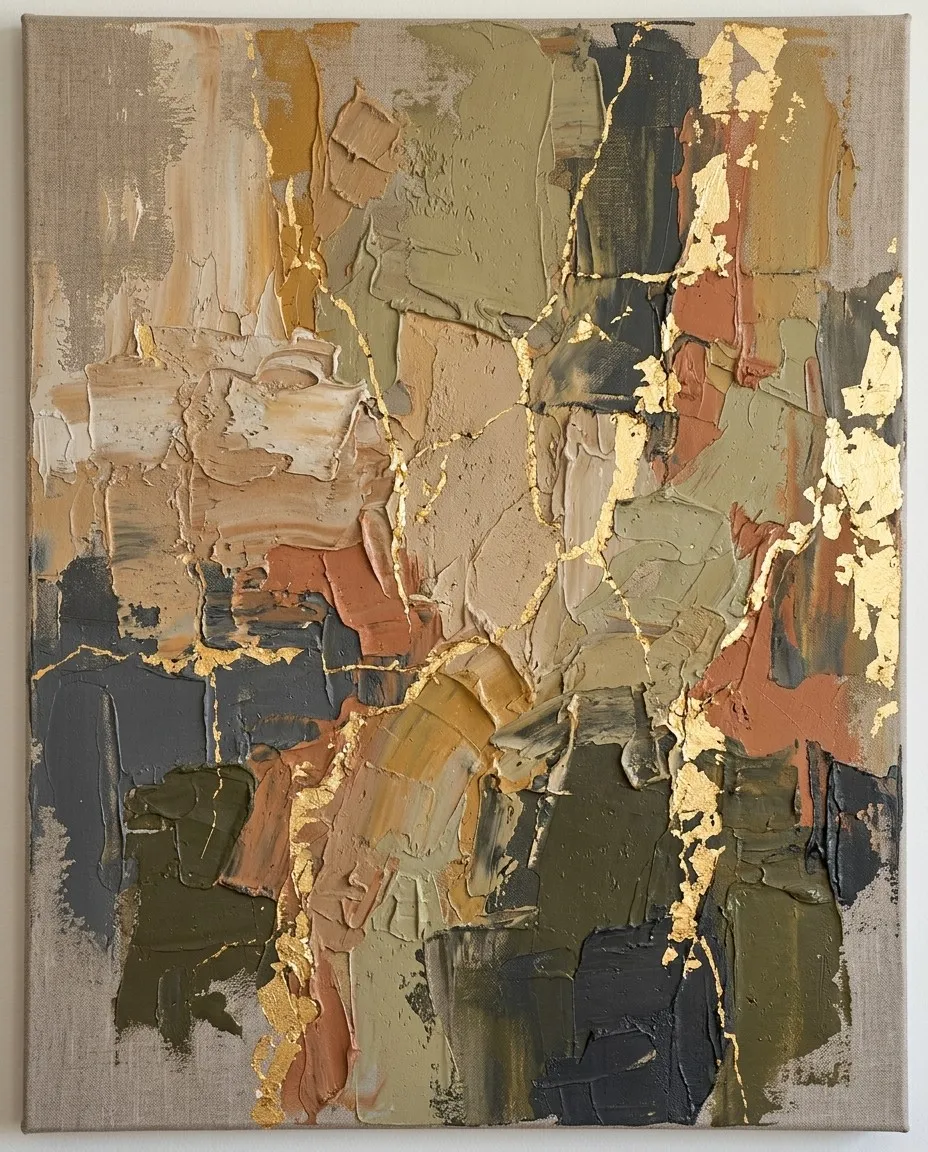 Textured abstract painting in olive, clay and graphite with veins of gold leaf