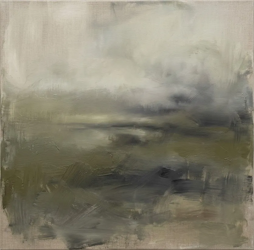 Atmospheric abstract landscape in olive and grey