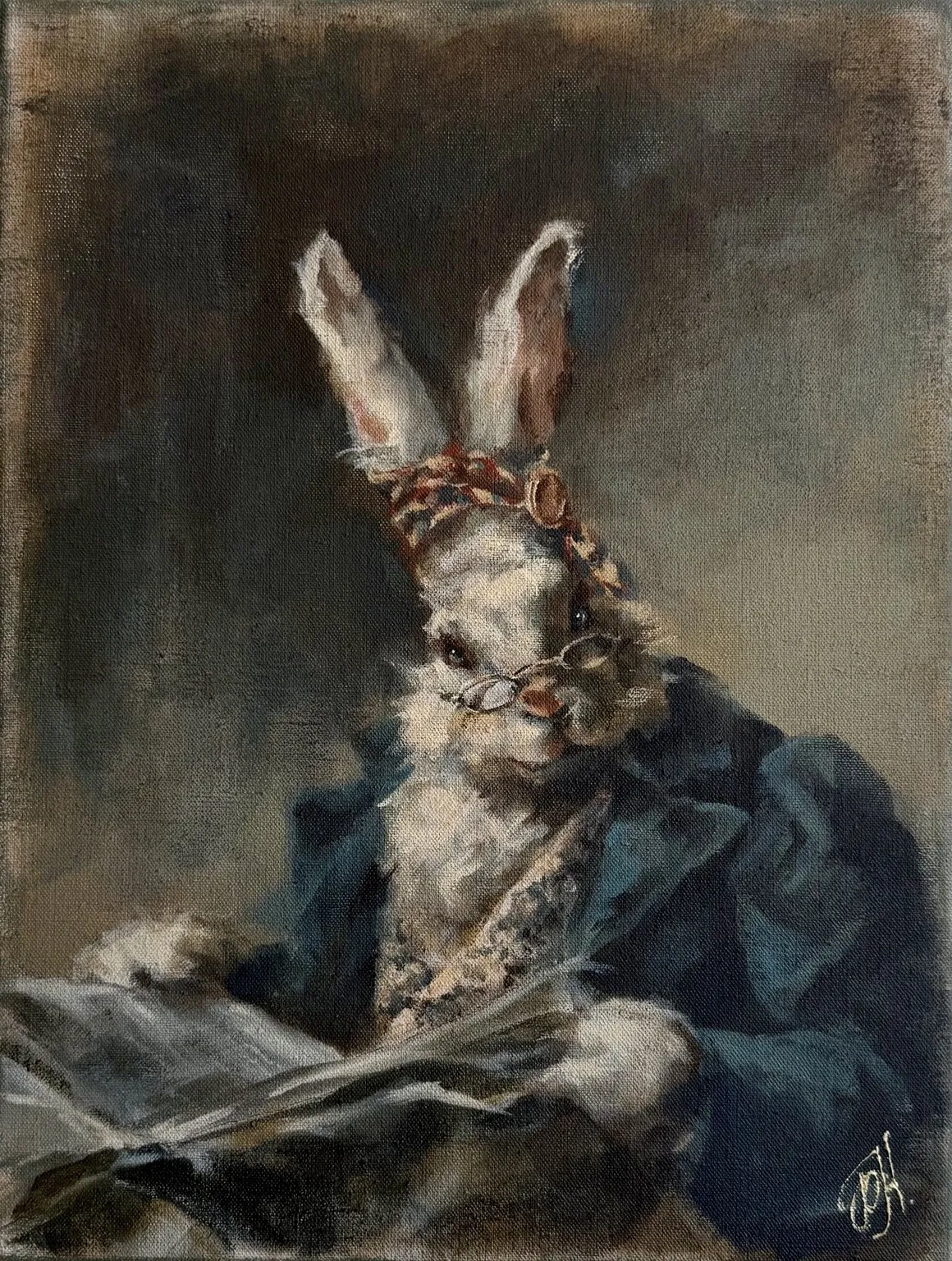 Oil painting of a white rabbit in spectacles and a blue coat reading a newspaper