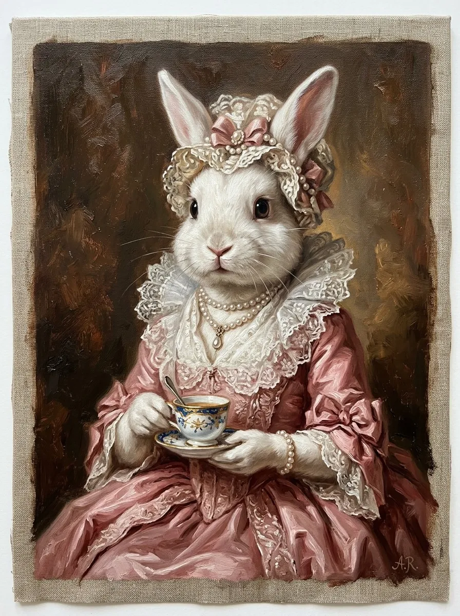 Oil portrait of a white rabbit in a pink silk dress holding a teacup